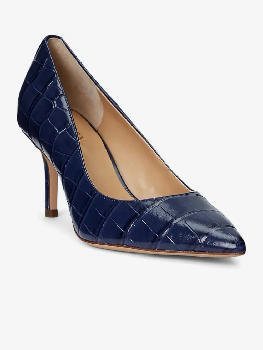 Ralph Lauren Navy Croc-Embossed Pointed Toe Pump